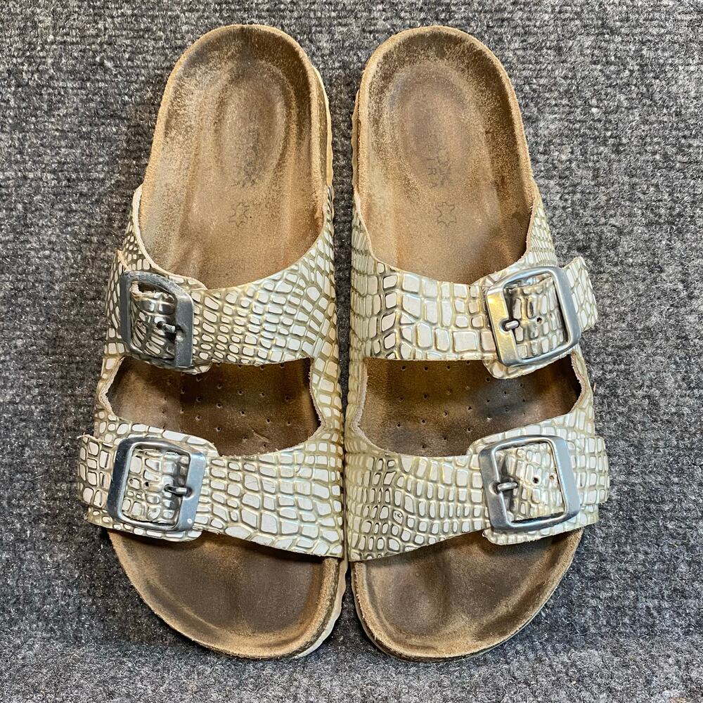 Geox Women 6.5 Python Print Double Buckle Slip On Sandals Leather silver White
